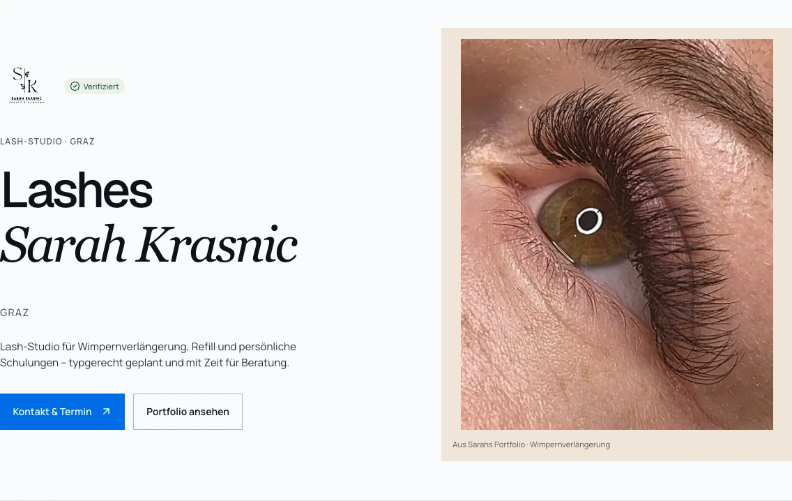 Ausschnitt des Vasteno-Firmenprofils von Lashes Sarah Krasnic Graz mit Profilkopf und Portfoliofoto